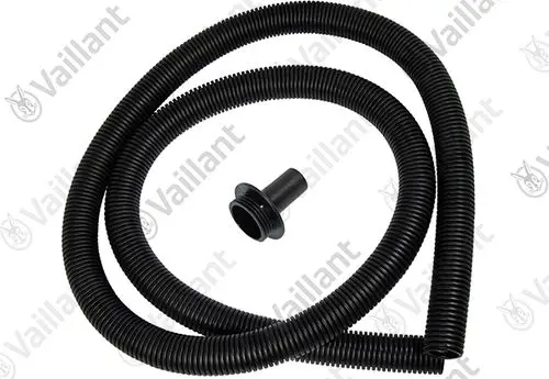 Schwarzer flexibler Schlauch mit Anschlussstück, geeignet als Zubehör von Vaillant Produkten.